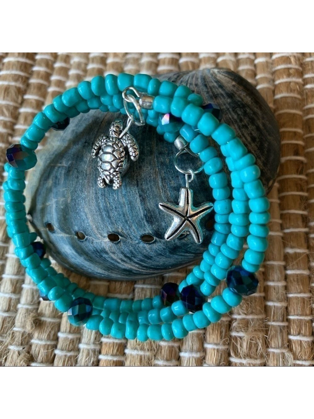 Handmade Beaded bracelet & faux leather earrings gift set summer beach turtle